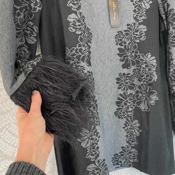 NWT, Melissa Paige Floral Gray, Black Sweater, Penny Lane Style Cuffs/Fur, M - Picture 2 of 14